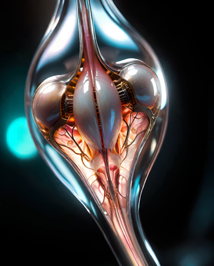 a photographic close-up depiction of organic tissue and structures encapsulated in an elongated drop of transparent glass or silicone