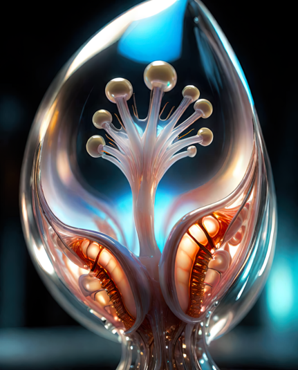 a photographic close-up depiction of organic tissue and structures resembling dendrites and nodes encapsulated in transparent gently peaked bulb of glass or silicone