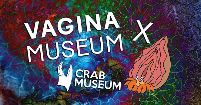 Graphic saying Vagina Museum x Crab Museum, illustrated with a hermit crab whose shell is a vulva. 