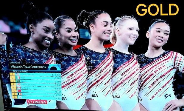 USA Gymnastics Team pose for photo after winning Gold in Women's Team Competition. Final standings inset in photo. USA 171.296