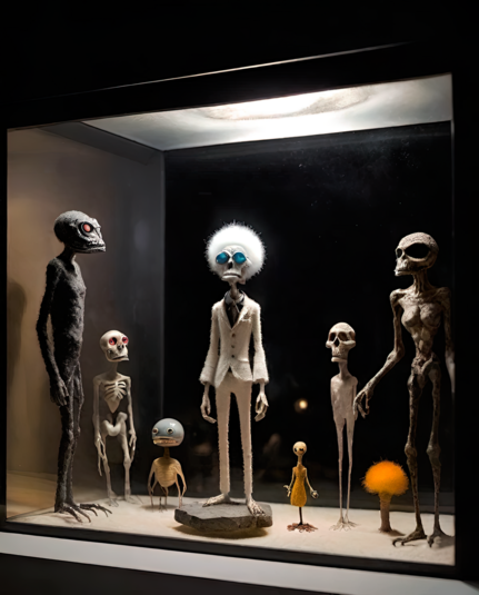 a photographic depiction of a glass display case featuring a number of humanoid effigies--some skeletal, some desiccated, some deformed, but mostly describable as 