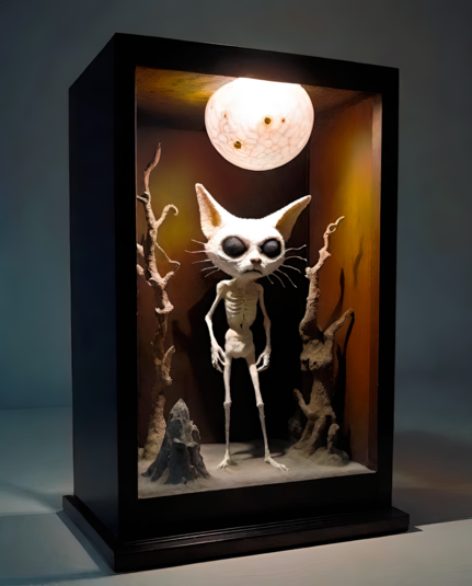 a photographic depiction of a glass-fronted display case featuring a standing skeletal humanoid figure with a humanoid head and some bits of wood to suggest scenery and a globular light at top