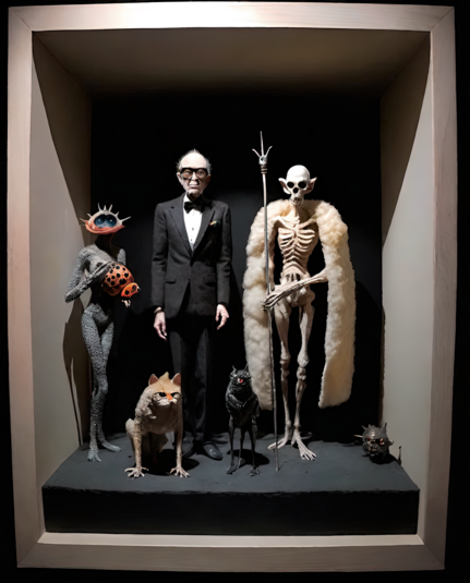 a photographic representation of a display cubby featuring a trio of humanoid figures, some of a bizarre nature and unconventional dress, and a trio of animaloid companions