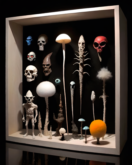a photographic depiction of an oblique view of a deep frame backed with black felt containing numerous humanoid skulls, one complete skeletal figure, and a number of artifacts of fungal or vegetable nature