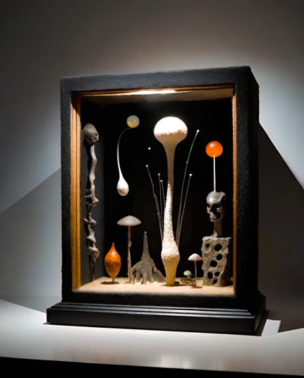 a photographic depiction of a shadow-box-style frame containing a scene constructed from various abstracted but organic-seeming artifacts and a small sculpture integrating a humanoid head