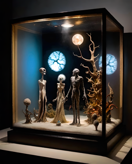 a photographic depiction of a glass display case containing a scene constructed from a few grim humanoid figures and organic woody elements