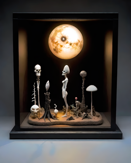 a photographic depiction of a free-standing shadowbox display frame featuring a humanoid figure in profile and a number of other standing elements, woody or fungal, some also with humanoid heads incorporated, overseen by a large orangish moon