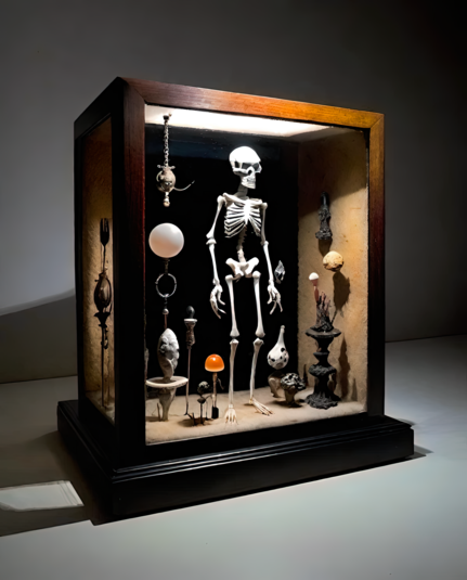 a photographic depiction of a free-standing display box featuring a humanoid skeletal figure surrounded by various small unidentifiable artifacts giving a feeling of a 