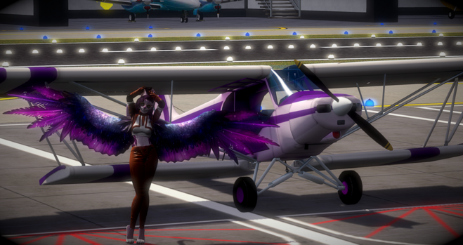 It's me, purple furred anthro kitten, with a pilot suit, arms up, wings open, in front of my white and purple sesquiplane PA-18 airplane as I just parked it on the airport. 
