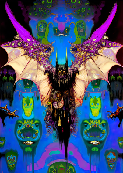 a semi-abstracted semi-psychedelic Klimt-influenced illustration of a symmetrically posed chiropteran humanoid individual against a background of monstrous faces