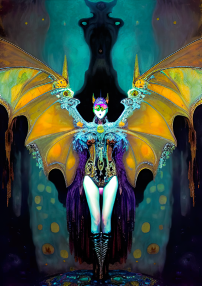 a Klimt-influenced portrait of a symmetrically posed bat-winged humanoid individual with spread wings with an indistinct, possibly underground, setting