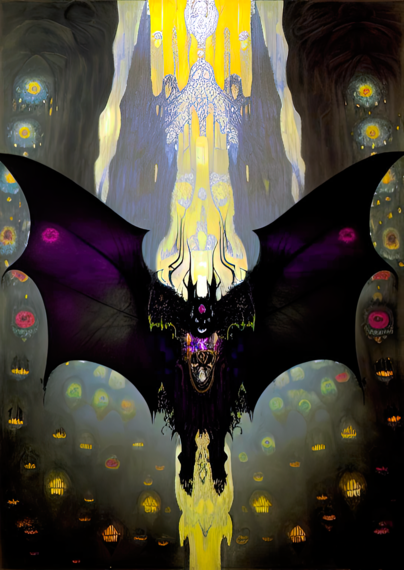 a semi-abstracted Klimt-influenced illustration of a bat-winged humanoid individual in flight in a large underground cavern illuminated by suspicious phosphorescence