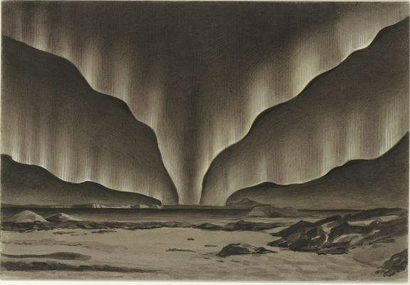 A drawing showing the Aurora Australis in black and white.
