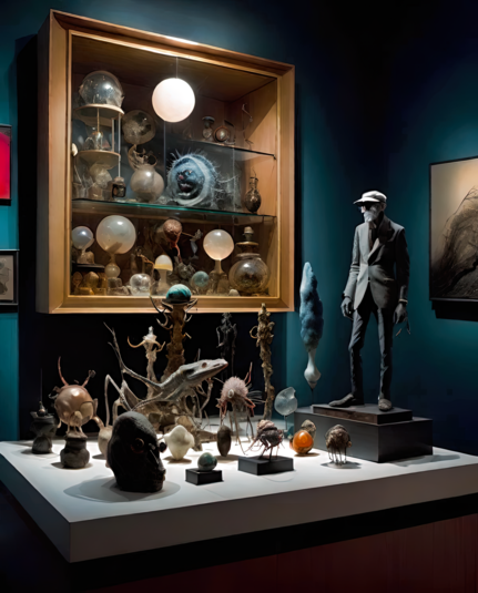 a photographic depiction of a collector's table full of minor artifacts and a few sculptural items, including an elderly humanoid prominent far right, with a glass-fronted display case on the wall behind with similar items and other art on the walls