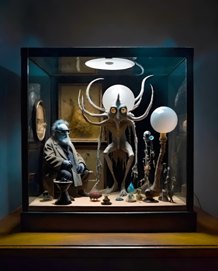 a photographic depiction of a glass display cabinet featuring a pair of humanoid sculptures (one more humanoid than the other) and array of smaller unidentifiable artifacts in a minimal diorama setting