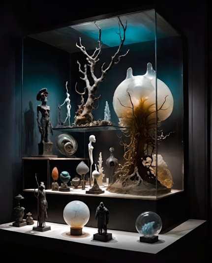a photographic depiction of an oblique view of a tall glass display cabinet full of disquieting sculptural items of various sizes with a small number of small items of a similar nature in front of it on a low shelf