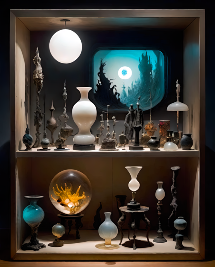 a photographic depiction of a display cabinet with two shelves featuring a number of tiny bud-vases, an orb or two, possibly scent or snuff bottles, and a small number of humanoid figurines