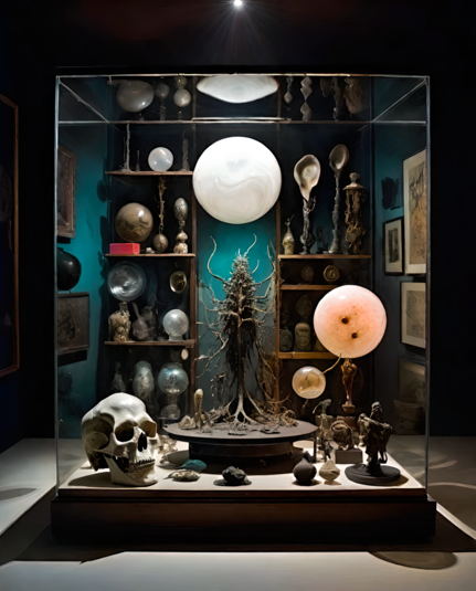 a photographic depiction of a glass display case featuring a disturbing central sculpture of something organic, possibly vegetative, but with tendrils, a prominent skull lower left, and a number of other less identifiable artifacts