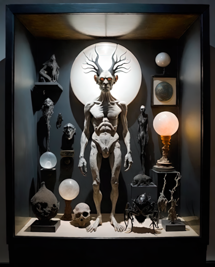 a photographic depiction of a display case dominated by a nude humanoid sculpture of a disturbing nature, a few skulls, and a few orbs