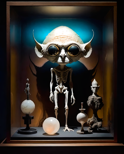a photographic depiction of a display case dominated by a central skeletal humanoid sculpture with a large head accompanied by a few smaller not-much-less-disturbing items