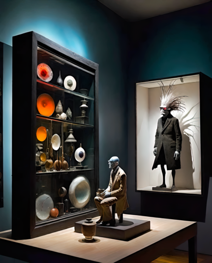 a photographic depiction of a corner of a display area featuring a pair of sculptures of humanoid individuals (one seated, one standing) and a display cabinet with a number of round items and a few small standing items of more abstract nature