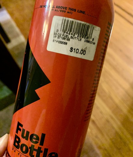 A red 22 oz fuel bottle sold at $10 about 22 years ago.