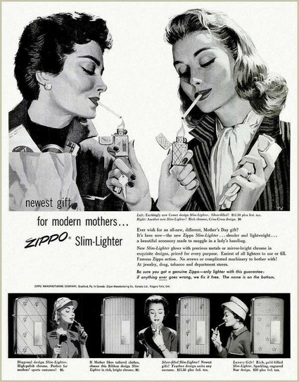 Vintage ad for Zippo lighters. An illustration of two stylish women lighting each other's cigarettes. Tagline reads: 