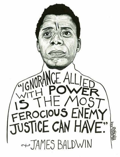 A drawing of James Baldwin - his stylized body is made of the text in the quote