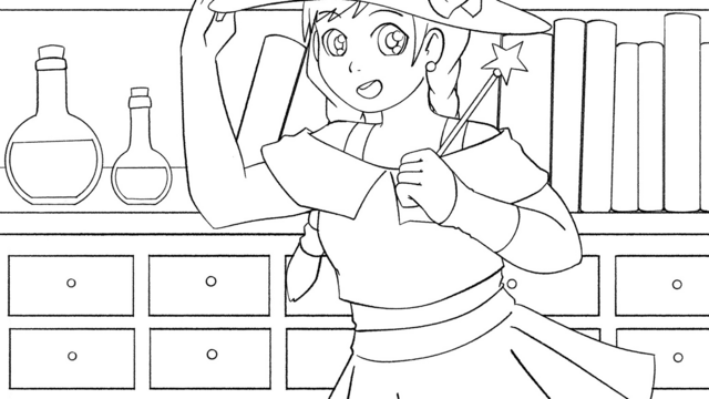 A line-drawing of a young witch smiling as she tips her hat. Behind her, a set of cluttered shelves holds various books, bottles, and boxes.