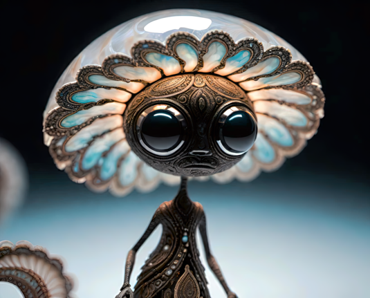 a photographic depiction of a close-up of a stylized humanoid figurine featuring a filigreed mushroom cap for a headdress,large eyes, slender limbs, and ornate detail on a dress