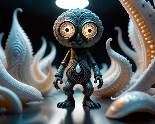 a photographic depiction of a figurine in stylized humanoid form composed of filigree detail among a forest of ornate pale tentacles