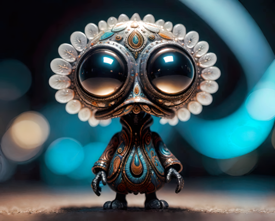 a close-up photographic depiction of a vaguely humanoid humanoid figurine with enormous eyes and an ornate paisley outfit