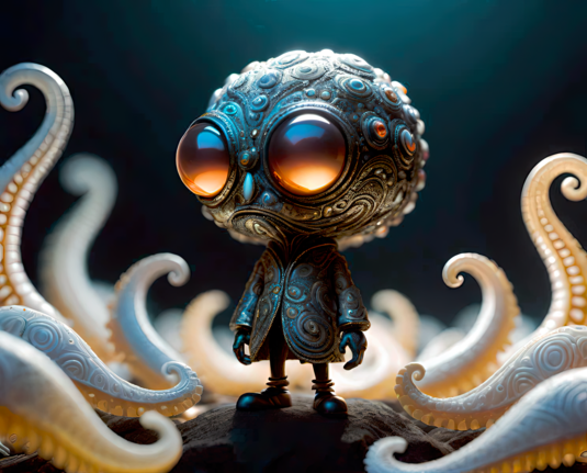 a photographic depiction of an oblique view of a large-eyed humanoid figurine with ornate paisley detail on the head and outfit standing among some pale textured tentacles