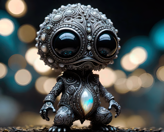 a photographic depiction of a humanoid figurine with a large head, large eyes, a squat body, and ornate paisley filigree texturing