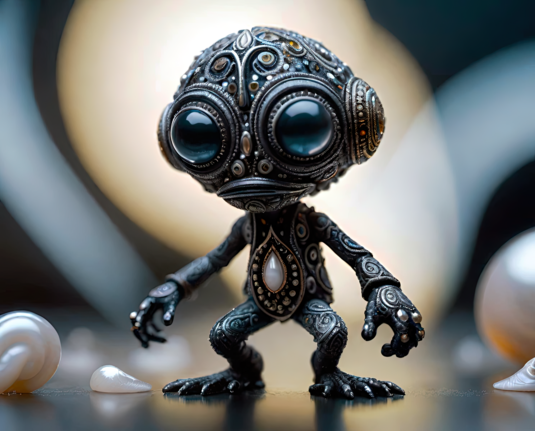 a photographic depiction of an ornately paisley-filigree-textured humanoid figurine with large eyes on a dark reflective surface