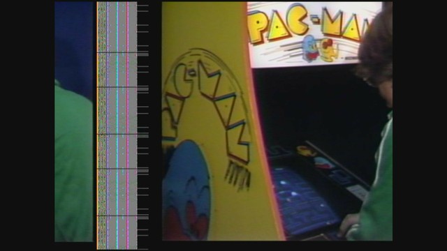 A glitched video frame from a Umatic tape encode due to the lack of a working TBC. This is from an unrelated news segment about Pac-Man fever, circa 1982 and not an episode of Focus, but it demonstrates the same issue at hand.