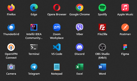 A grid of app icons as seen on the Windows 11 Start menu. They have unique shapes and don't have a unified icon background.