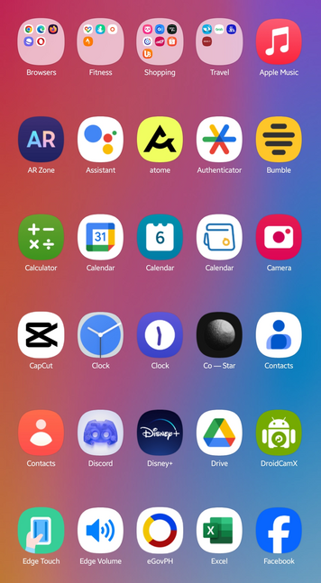 A grid of app icons as seen on Samsung's OneUI launcher. Although icons have unique colors, every icon has a squircle background.