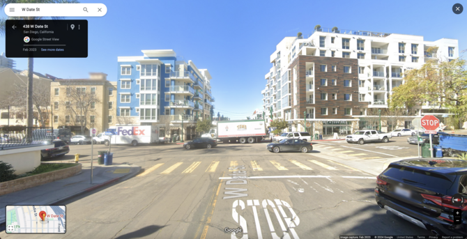 Google maps street view screenshot of the same intersection. It's a busy junction with lots of cars and no people in sight.