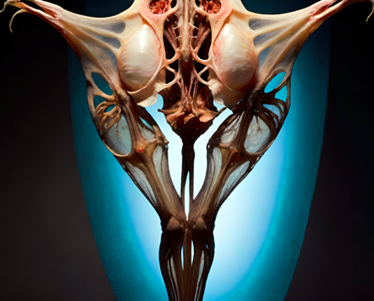 a photographic depiction of a symmetrical preserved cultural biological sample featuring bony tissue and membranes and a pair of swollen glands