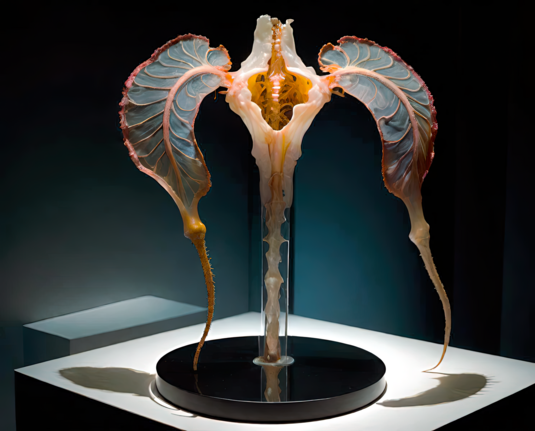 a photographic depiction of a sample of preserved cultured biological tissue featuring a central bony structure and two leafy wings of veined membranes on a display stand