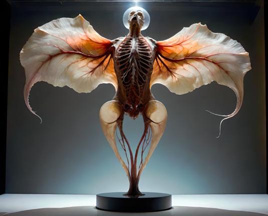a photographic depiction of a preserved cultured biological organism with a decidedly humanoid central structure and venous membranous extremities on a display stand
