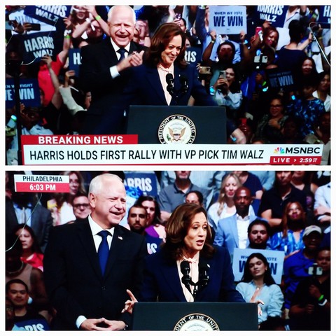 Democratic presidential nominee, Kamala Harris, and her vice presidential pick,  Minnesota Governor Tim Walz, at their first rally together in  Philadelphia, PA July 6, 2024.