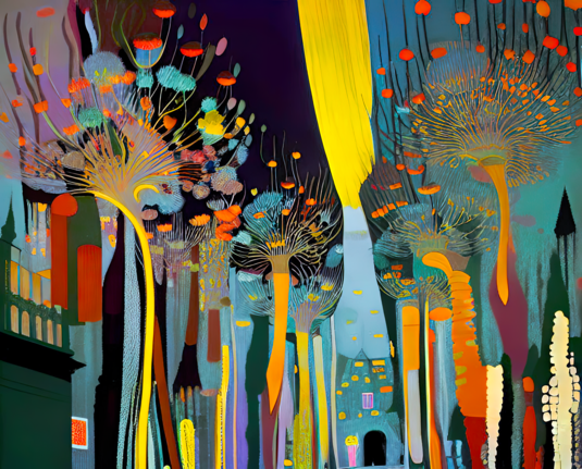 a colorful flat abstract rendering of what could be seen as an urban scene with a tree-lined street