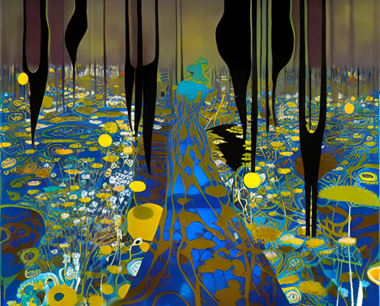 a colorful flat abstract rendering of a floral field with downward-reaching black forms and a central figure which could be a humanoid form in a long dress