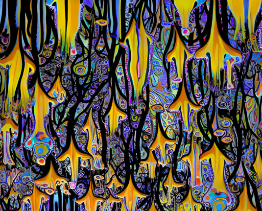 a colorful flat abstract rendering of what could be flowers hanging down from overhead vines