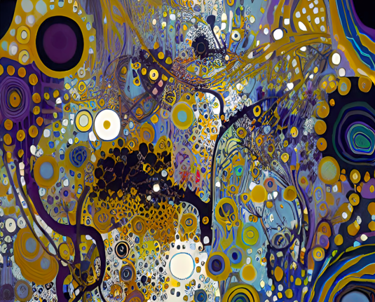 a colorful flat abstract rendering of mostly dots or various sizes forming textures on a field with a few organic and wobbly strokes in subdued 70s pop colors