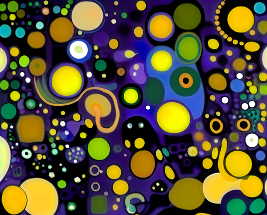 a colorful flat abstract rendering of a field of dots in various colors and a single serpentine form against a field of black