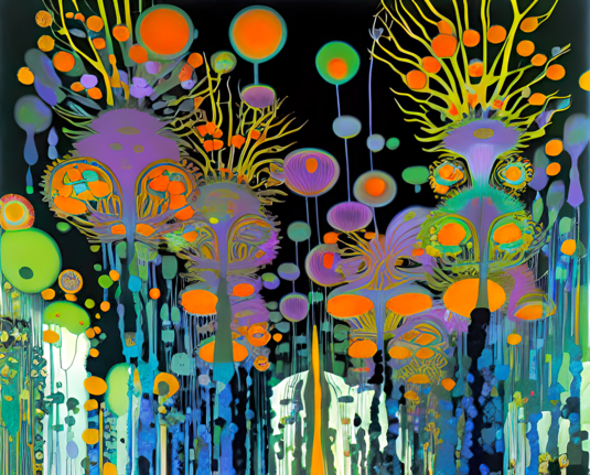 a colorful flat abstract rendering of a forest of slender tree-like sturctures of various heights against a black background