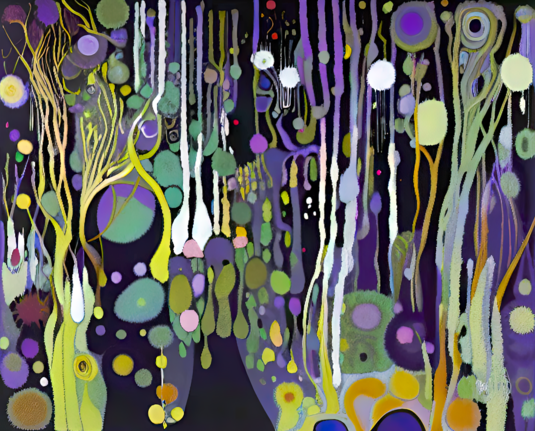 a colorful flat abstract rendering of a forest of vertical organic linear streaks and a swarm of dots against a dark background